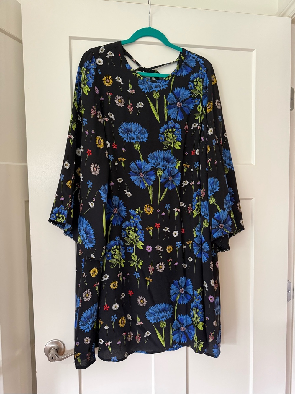 Maeve by Anthropologie silk Black Floral Shift Dress with Blue Bloom Print